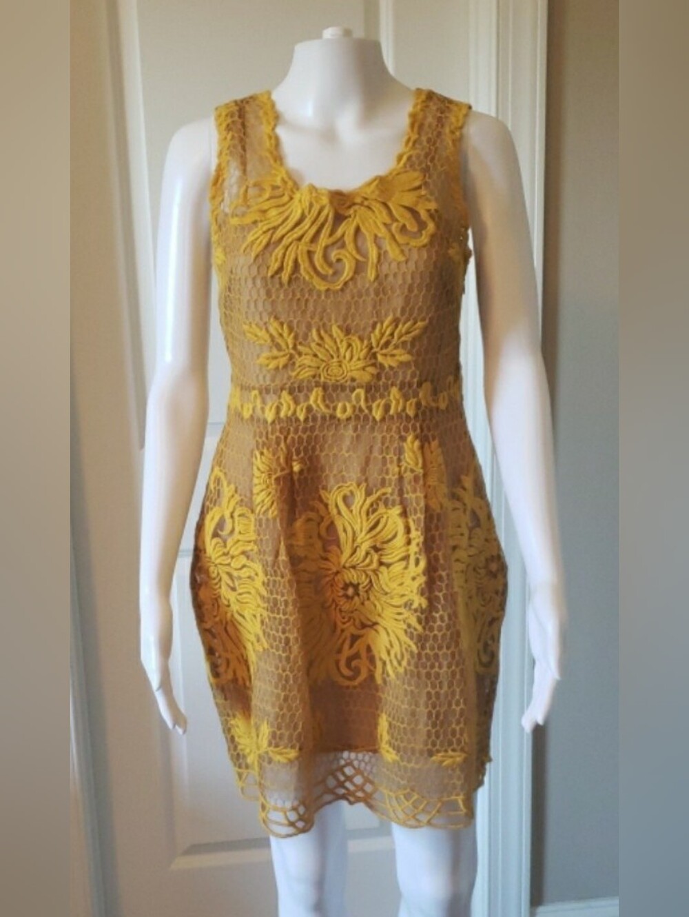 Anthropologie Yoana Baraschi Yellow Lace Overlay Sleeveless Dress